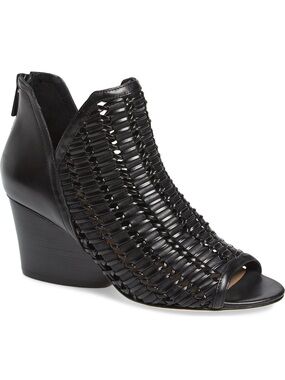 Donald Pliner Size 10 Jacqi Black Woven Leather Open-Toe Wedge Booties